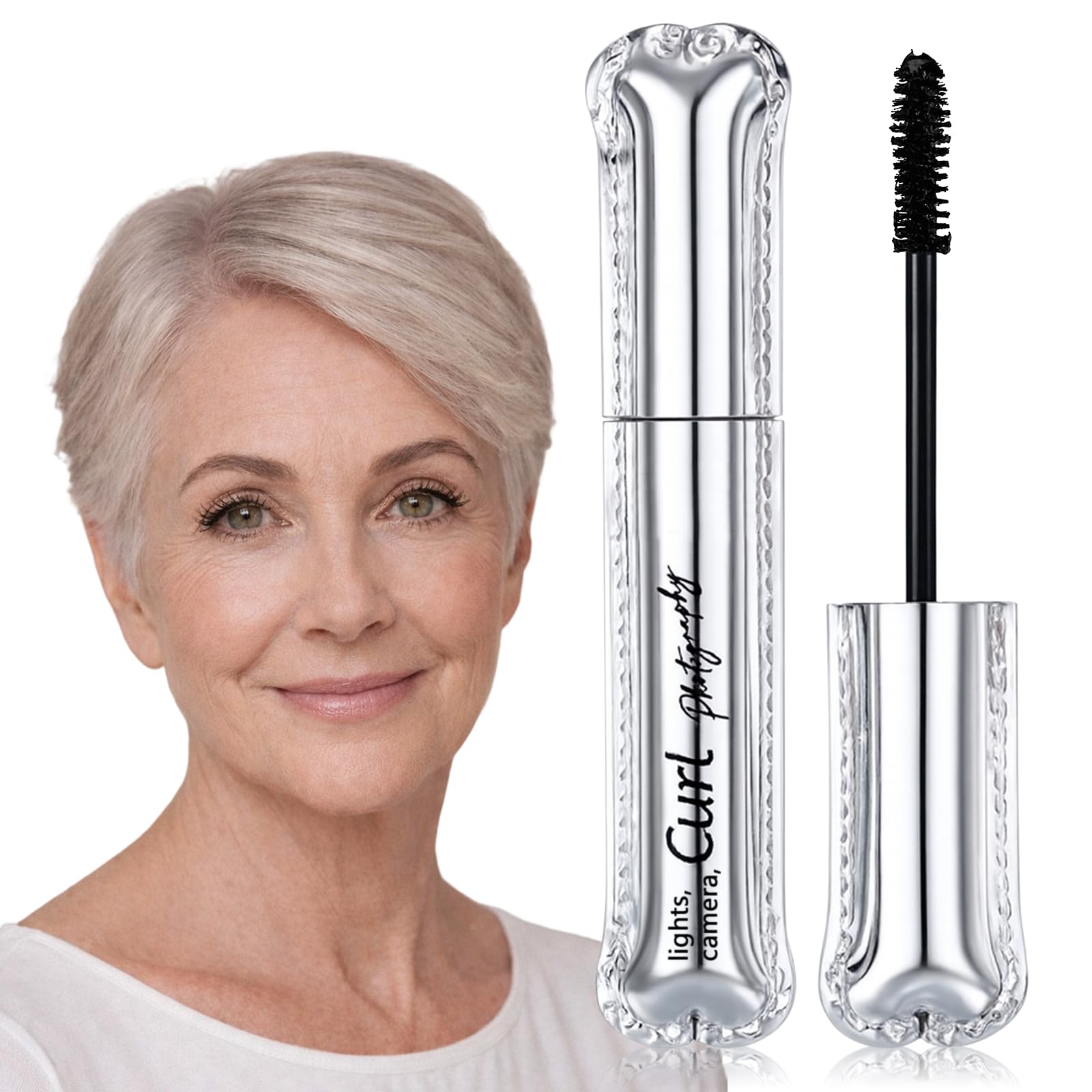 Jutqut Mascara: flacon et brosse pour volume doux sur cils matures.