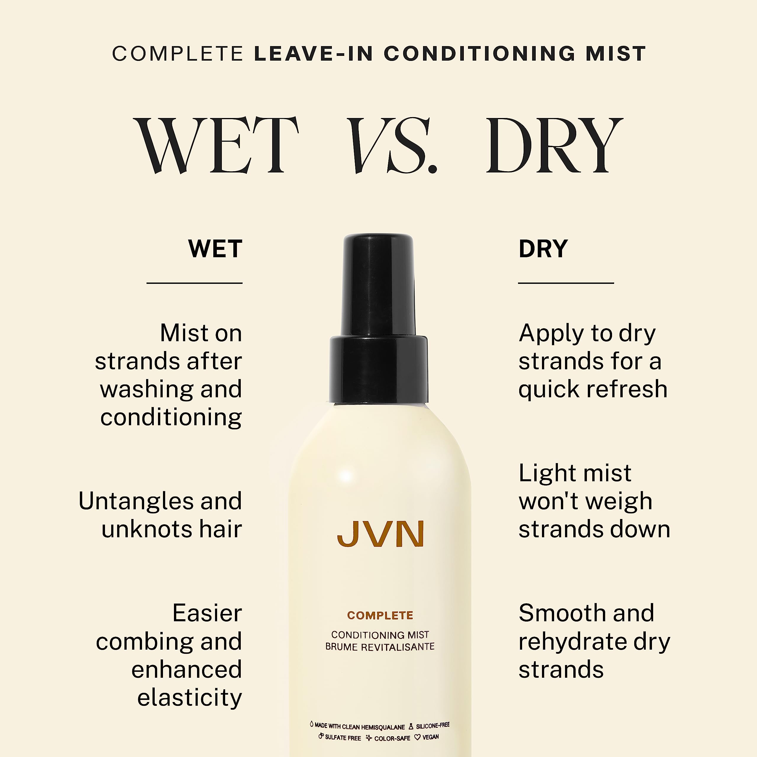 JVN Hydratation sur cheveux secs pour texture douce et contrôle du frisottis.