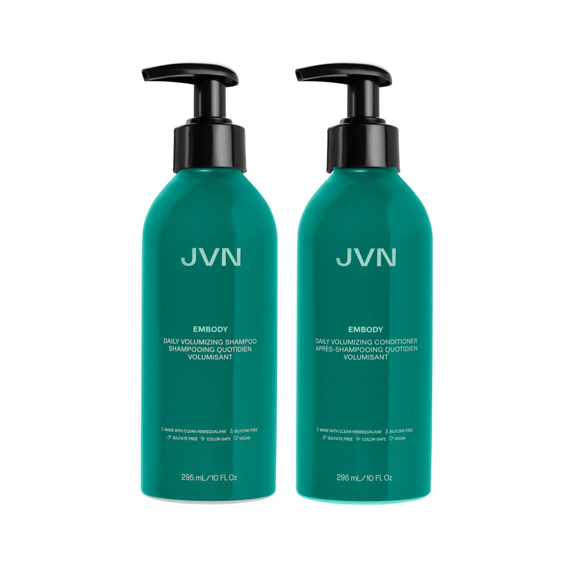 JVN Embody Shampoing, bouteille visible, volume potentiel pour cheveux fins.