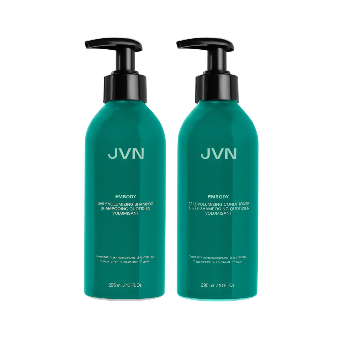 JVN Embody Shampoing, bouteille visible, volume potentiel pour cheveux fins.