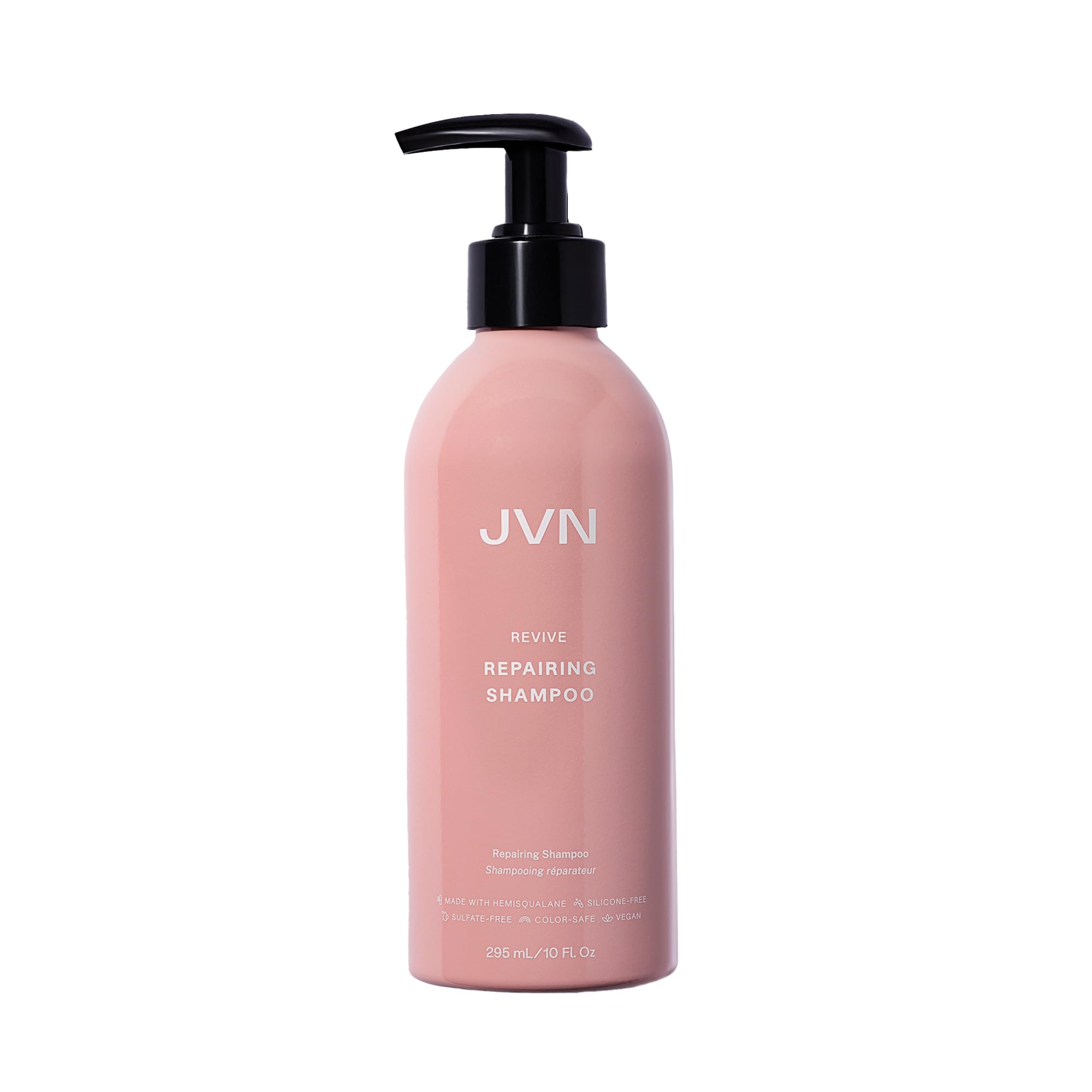 Shampoing JVN Revive en flacon, nettoyage en douceur pour cheveux abîmés et colorés.