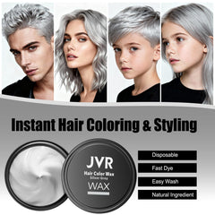 JVR appliquer-cire-cheveux argentés démontre coiffage et coloration simultanés.