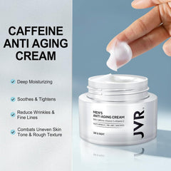 Crème anti-âge JVR pour homme à la caféine, réduction potentielle des rides.