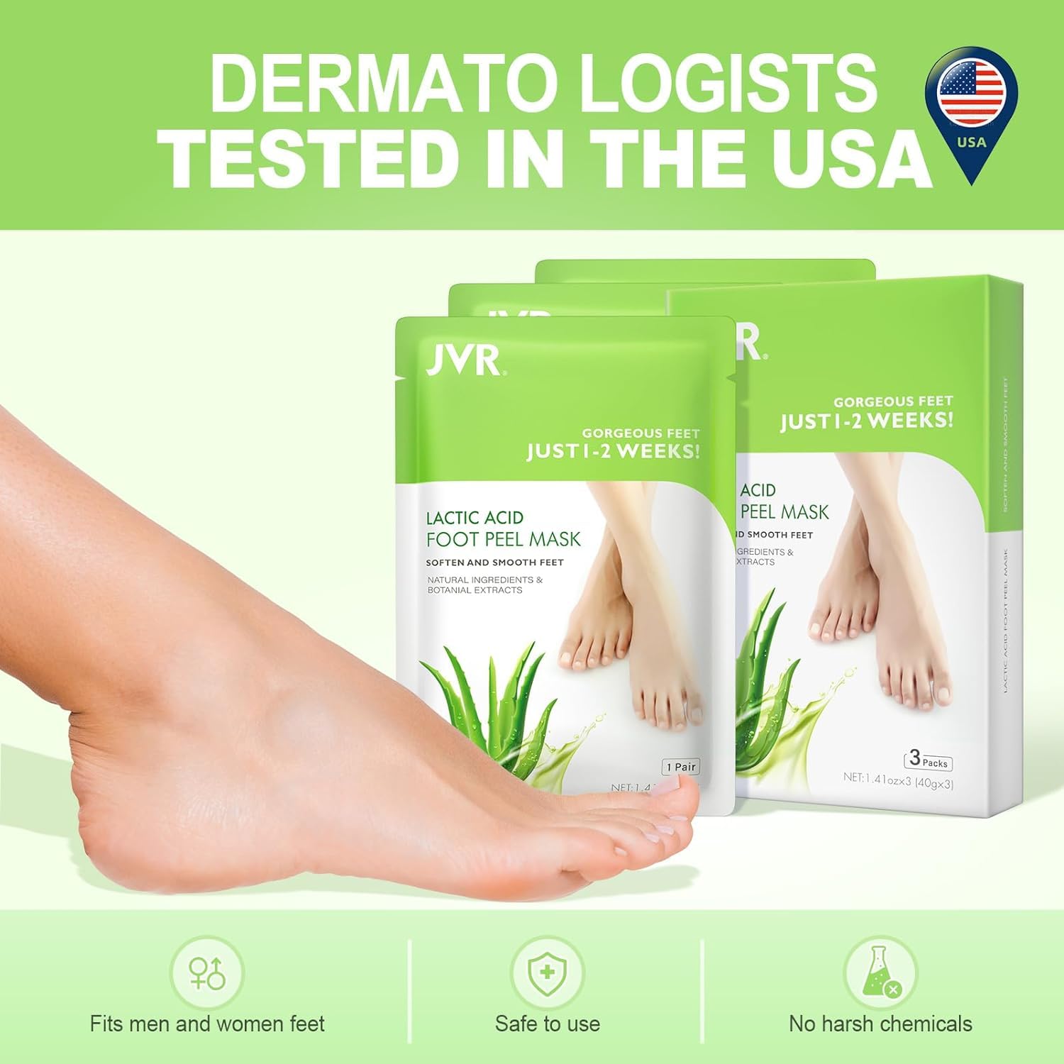 JVR masque pieds, exfoliation visible et hydratation grâce à l’acide hyaluronique.