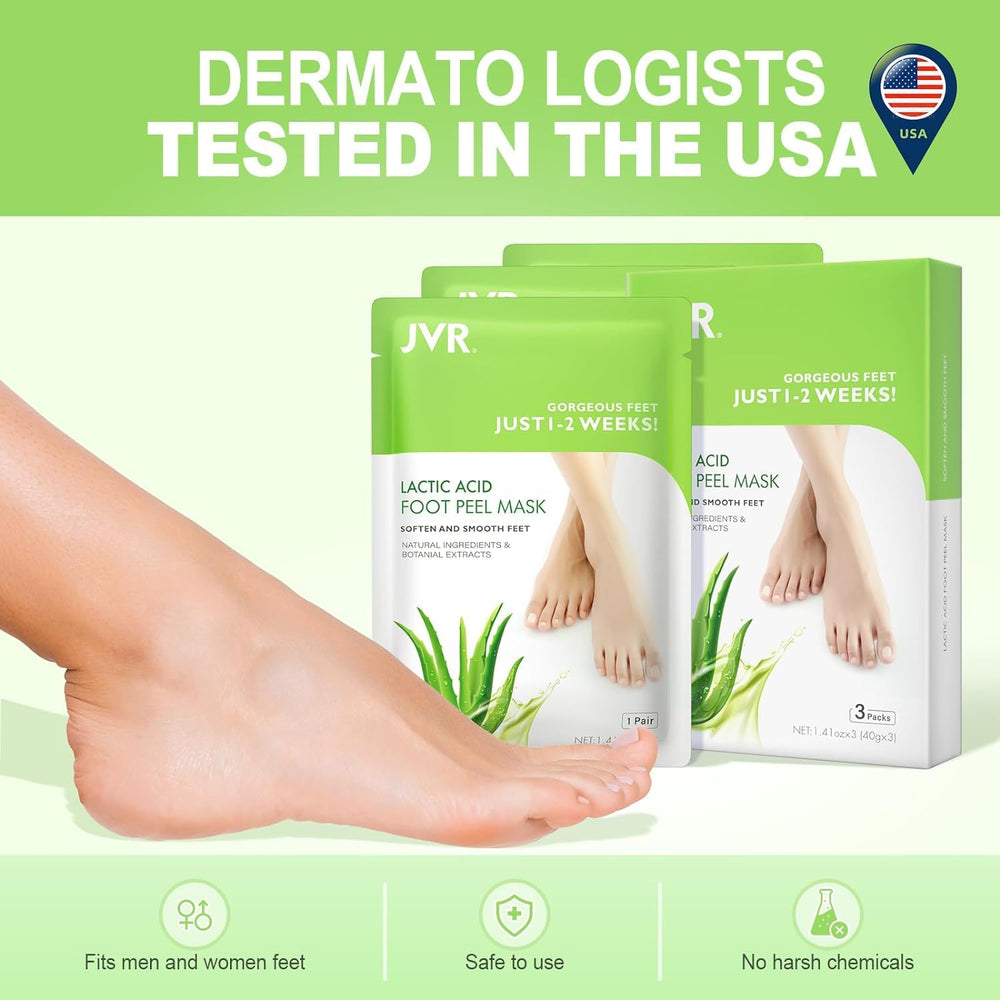 JVR masque pieds, exfoliation visible et hydratation grâce à l’acide hyaluronique.