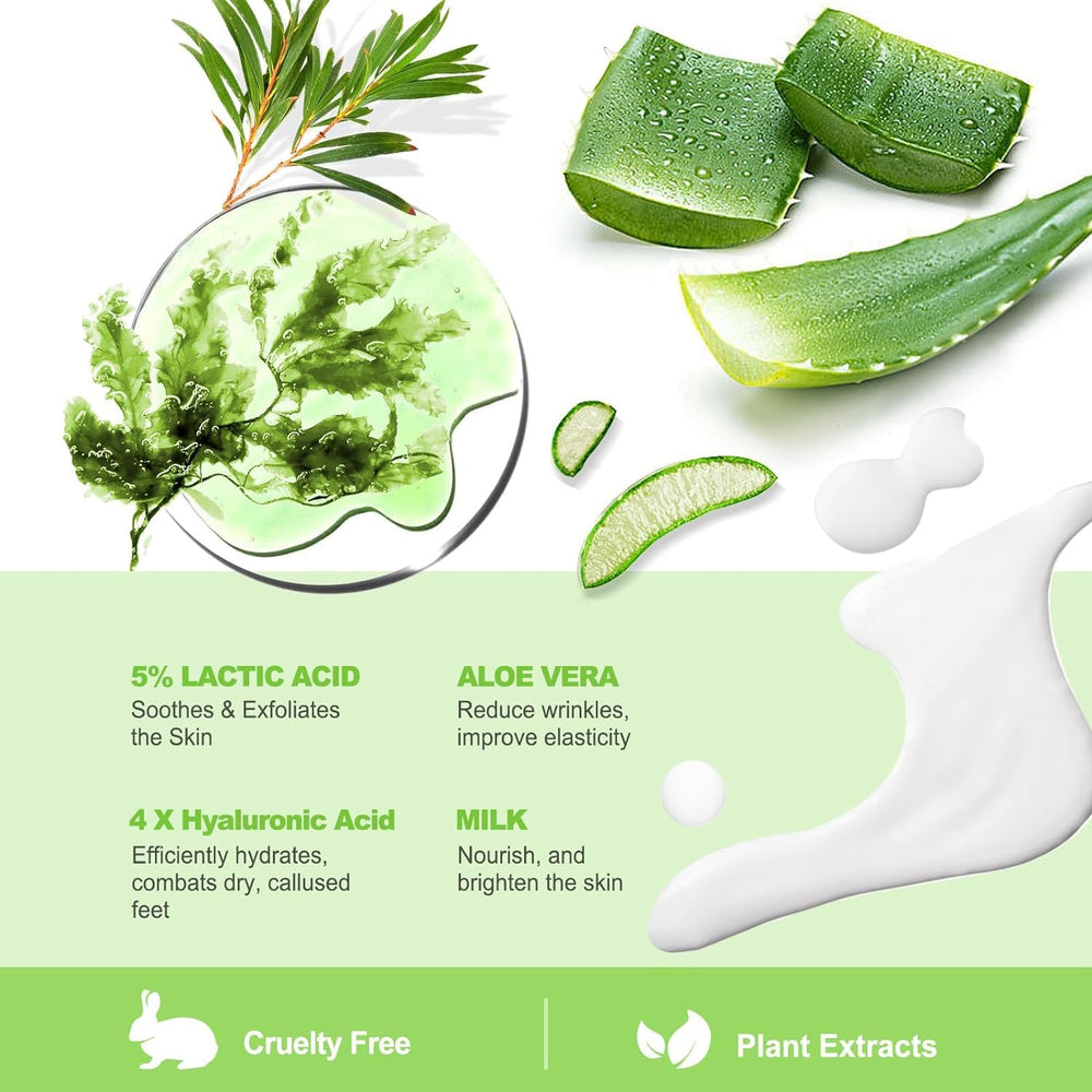 Masque JVR pieds hydratant, formulation à base d’aloès et d’extraits végétaux.