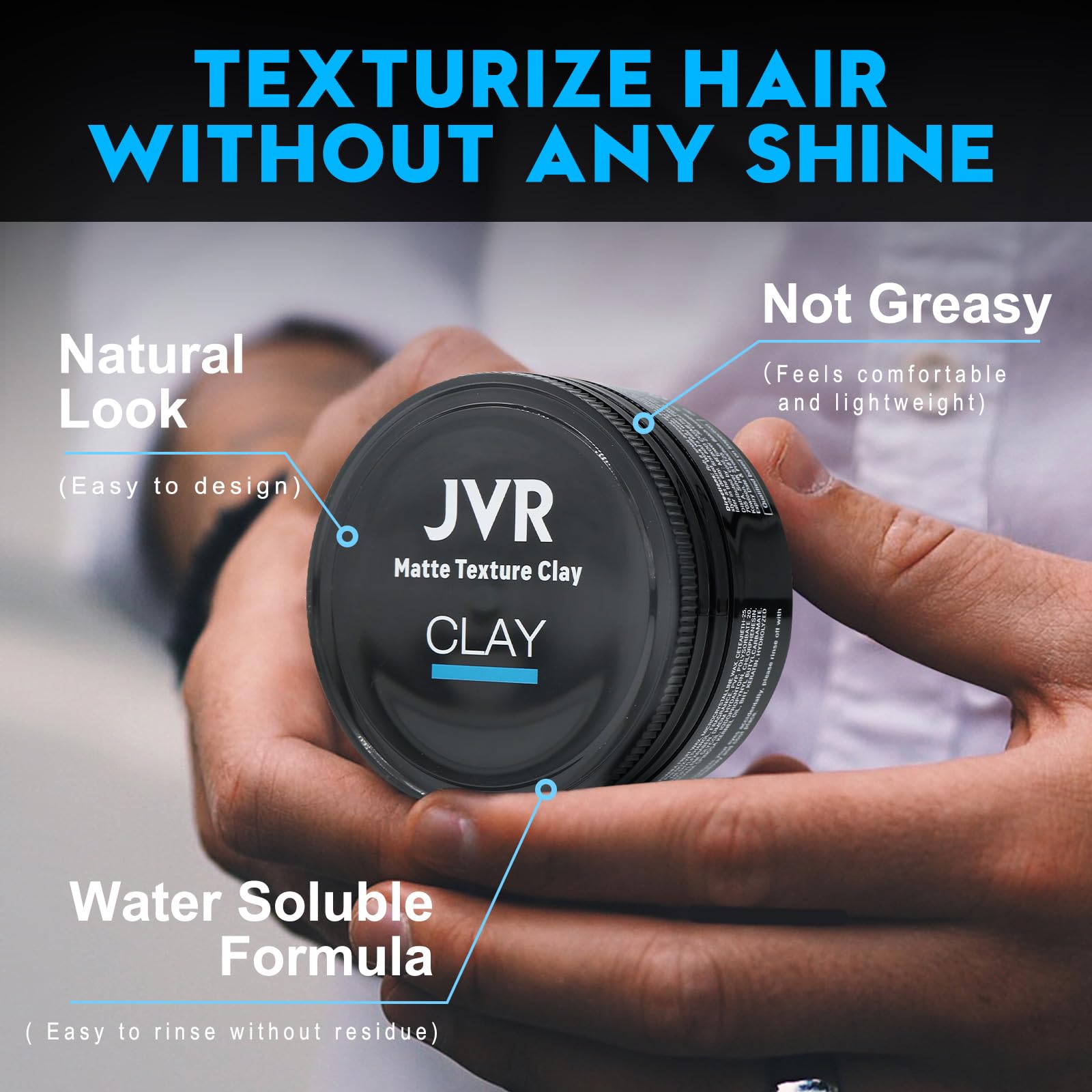 JVR Hair Clay: bentonite et beurre de karité hydratants pour des cheveux souples.