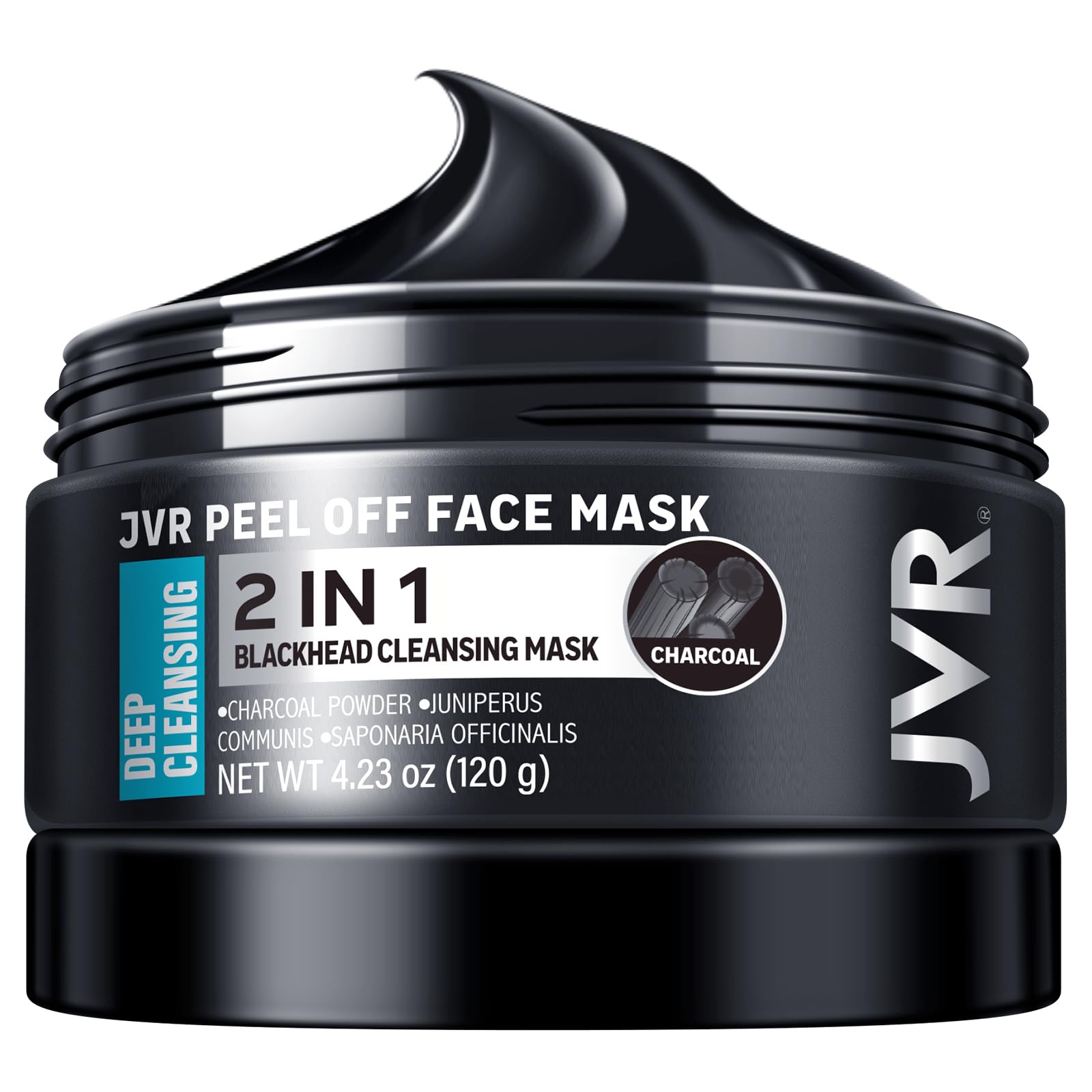 JVR masque-charbon-peel-off sur le visage pour purification ciblée et élimination des impuretés.
