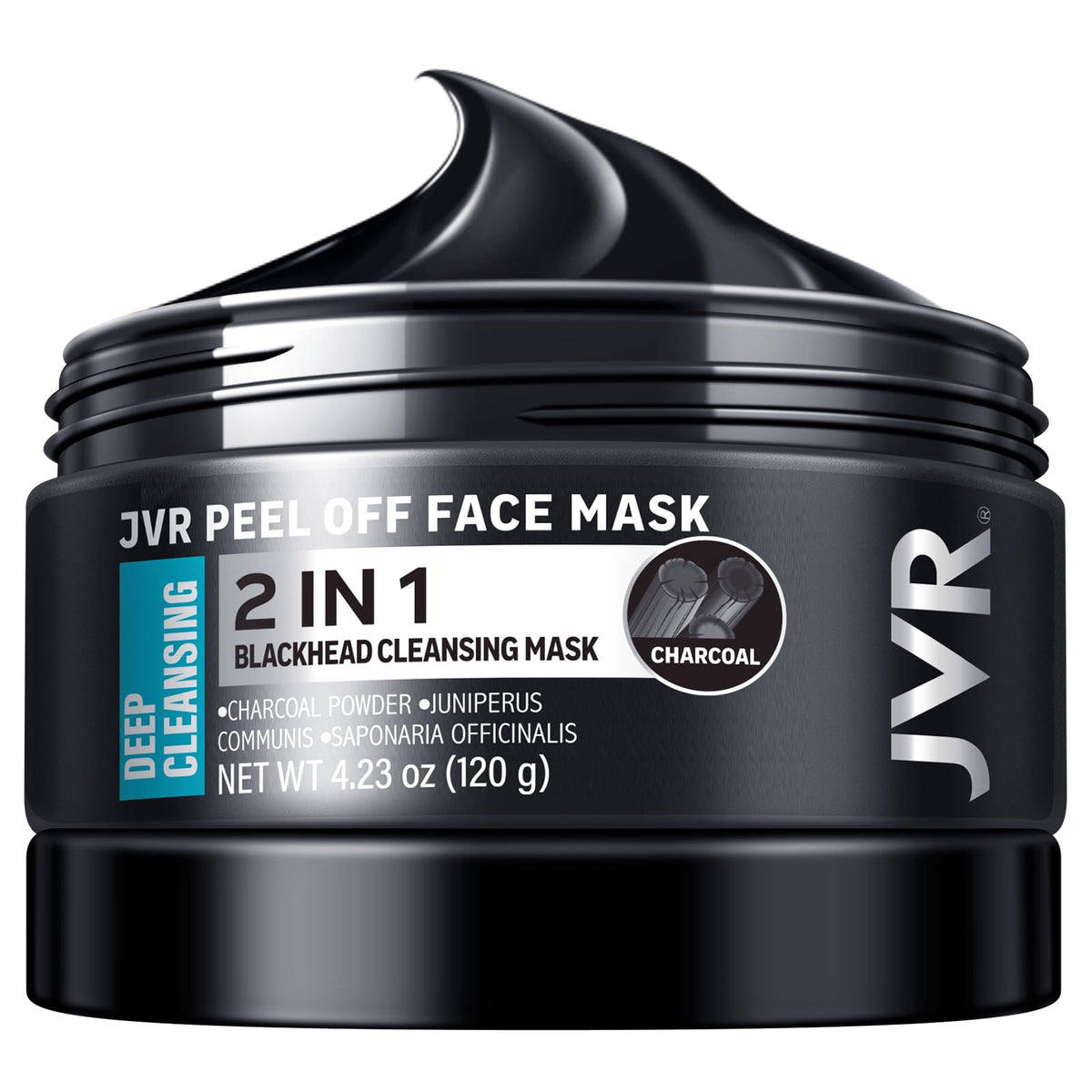 JVR masque-charbon-peel-off sur le visage pour purification ciblée et élimination des impuretés.