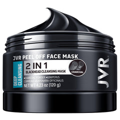 JVR masque-charbon-peel-off sur le visage pour purification ciblée et élimination des impuretés.