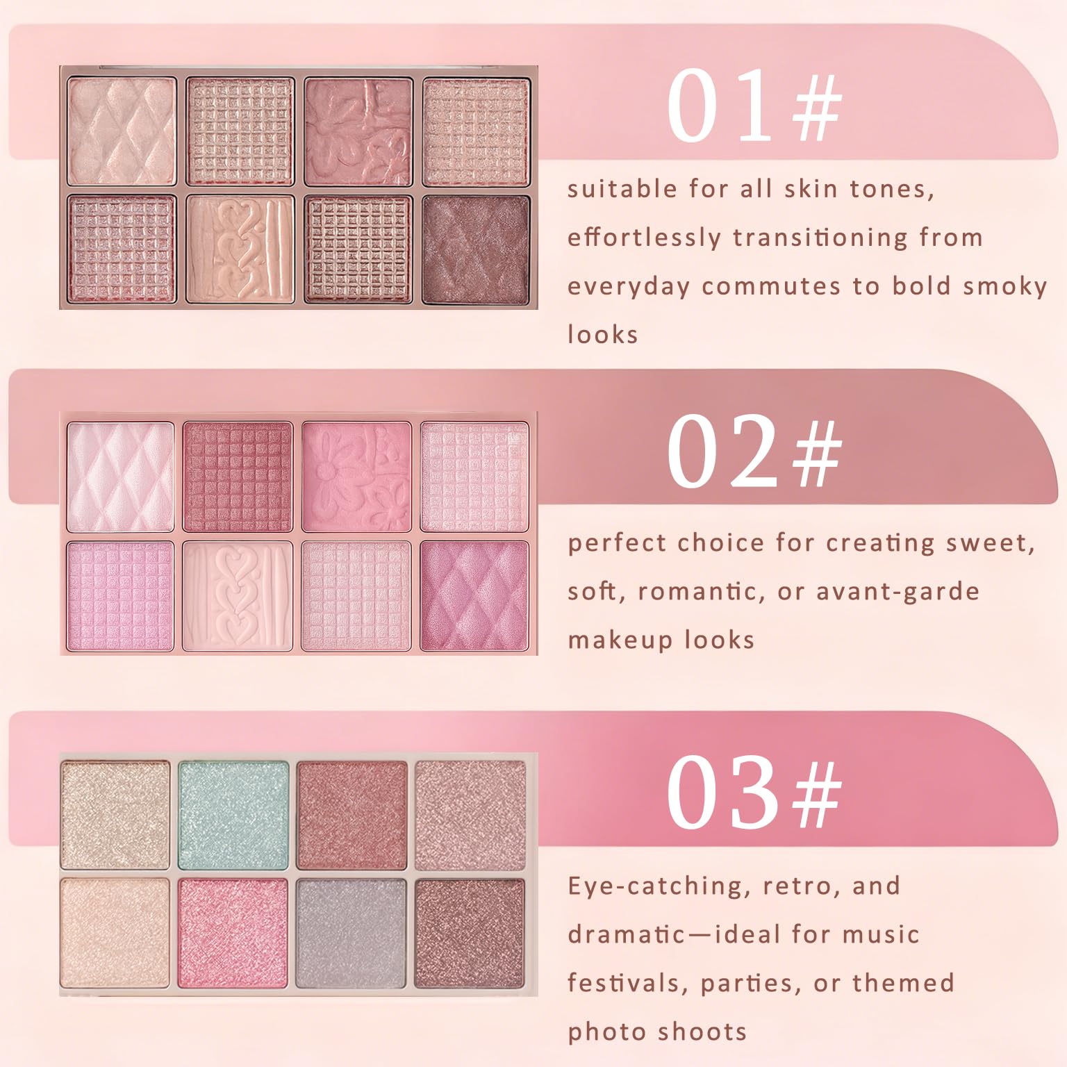Échantillons des 8 teintes K'APEINE, du rose doux au brun profond, pour divers styles.