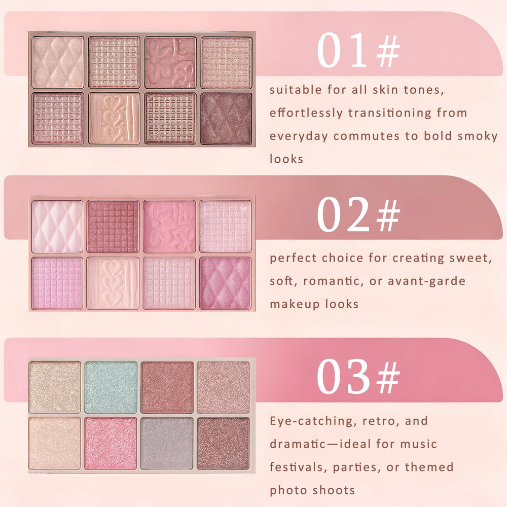 Échantillons des 8 teintes K'APEINE, du rose doux au brun profond, pour divers styles.