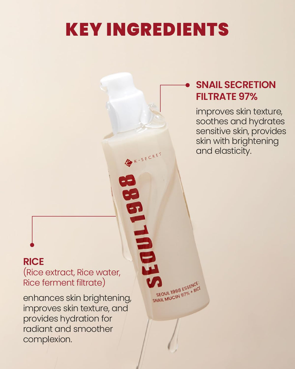 K-SECRET extrait de riz pour teint plus lisse et éclat naturel.