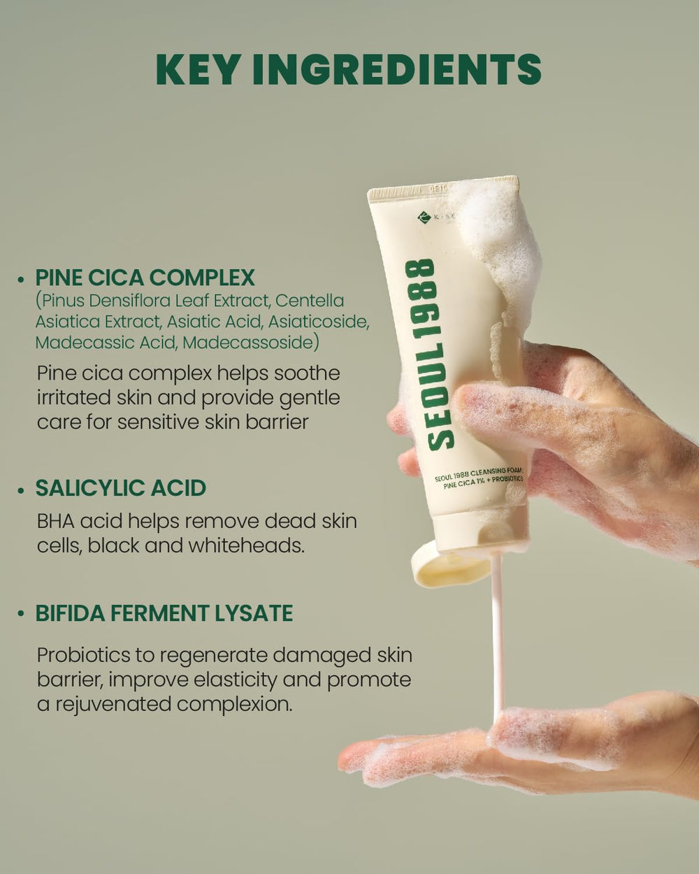 K-SECRET SEOUL 1988 Cica Cleansing Foam: ingrédients clés apaisants et purifiants.