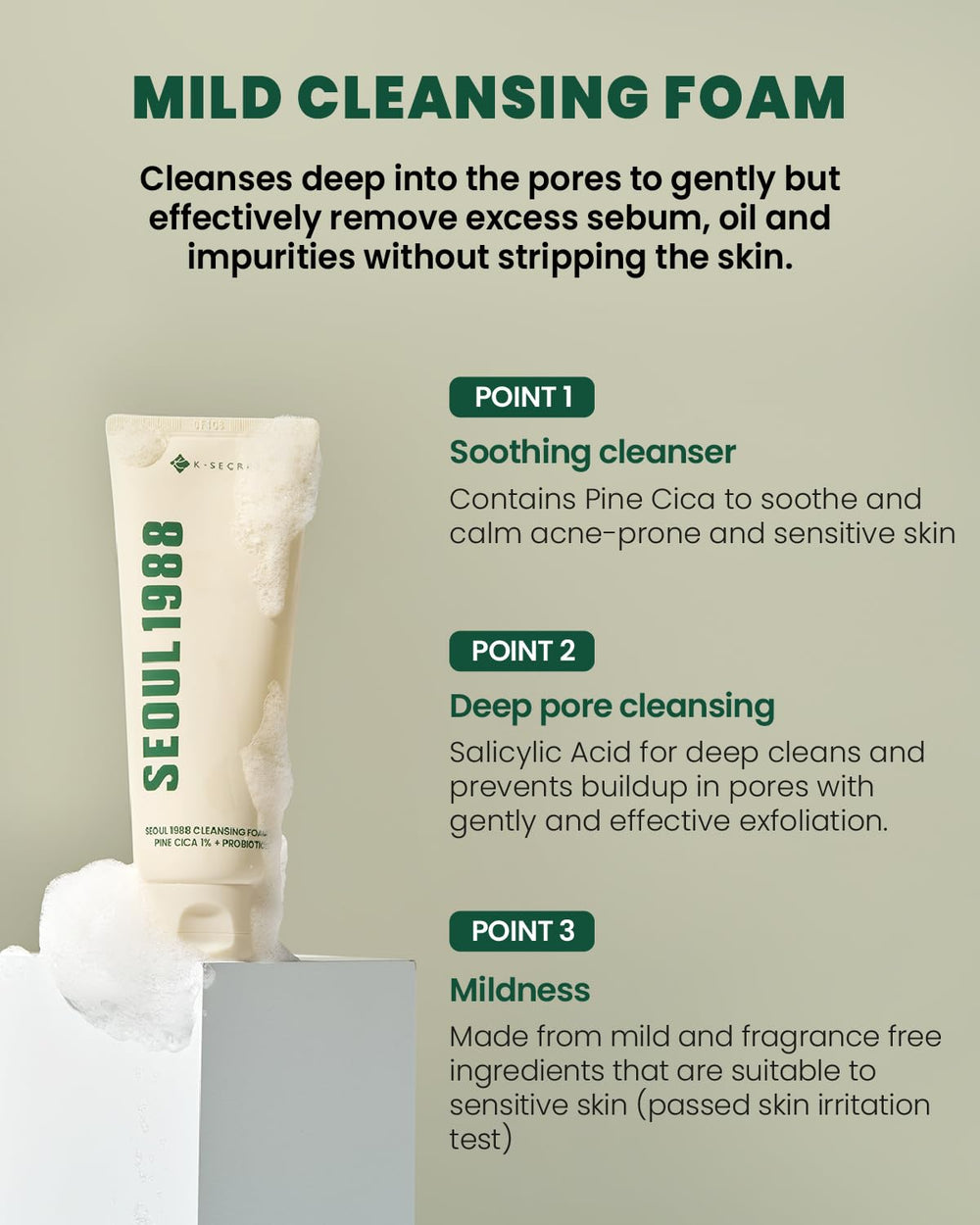K-SECRET SEOUL 1988 Cica Cleansing Foam: usage quotidien pour peau sensible.