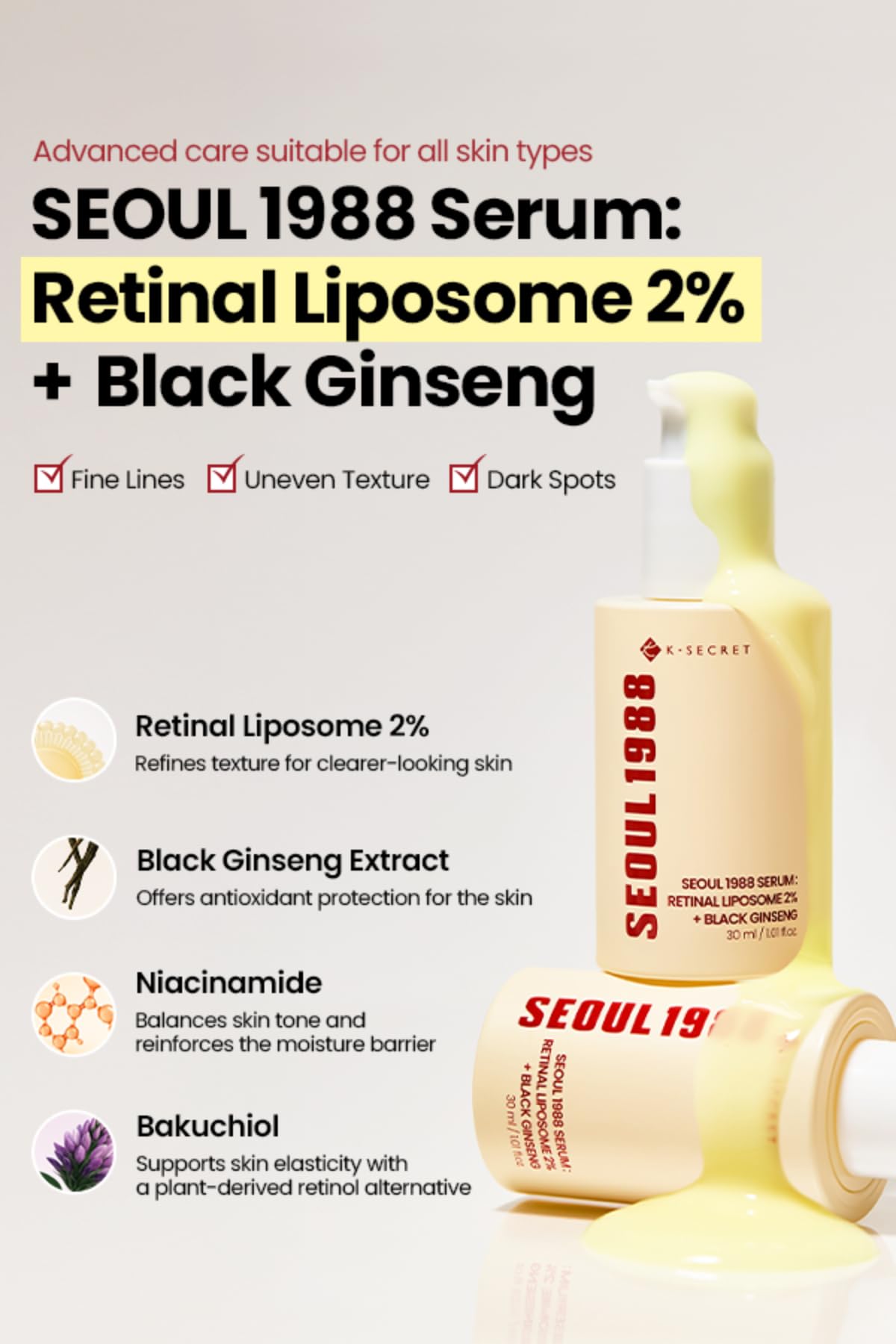 K-SECRET SEOUL 1988 Retinal Serum, application nocturne pour peau plus lisse.