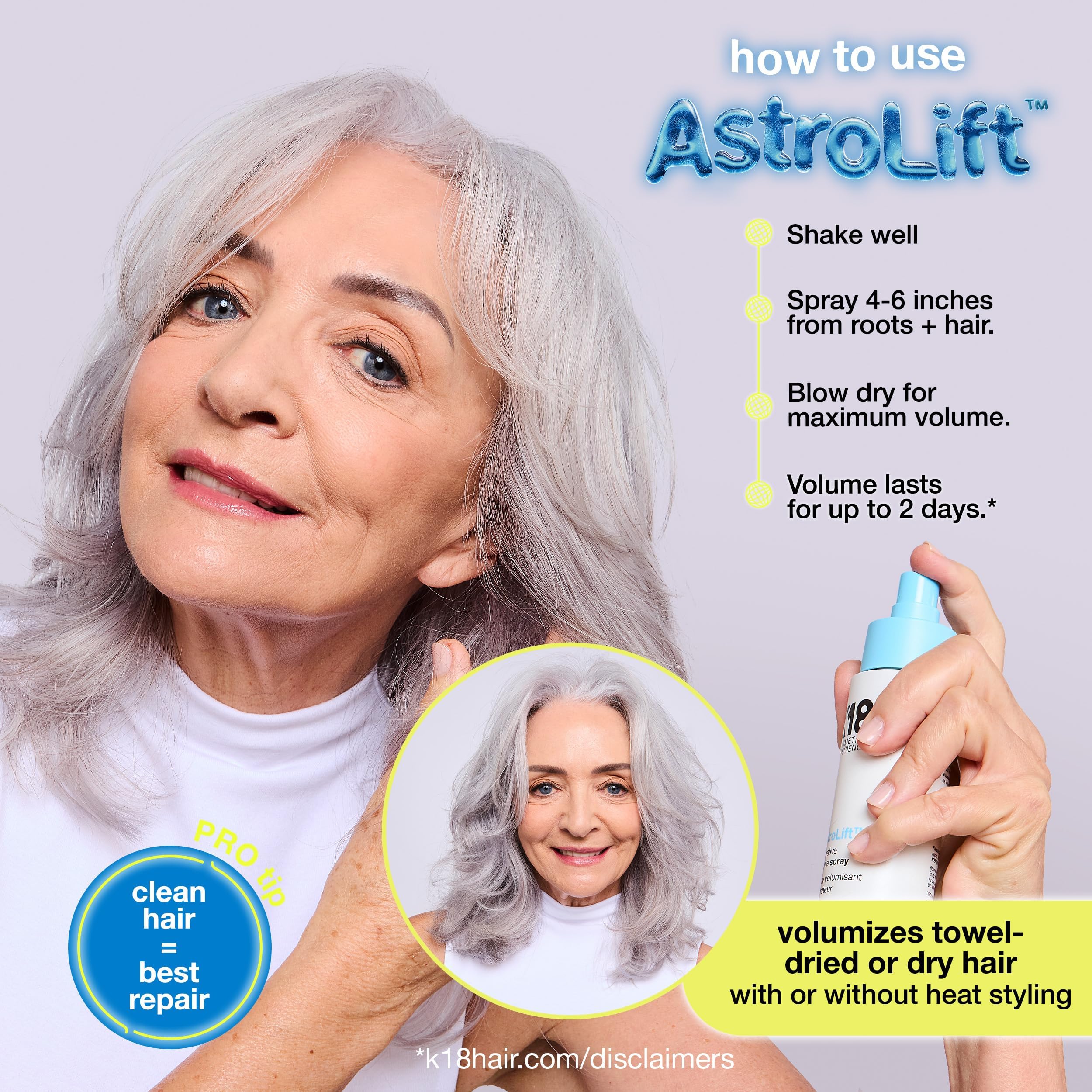 K18 AstroLift, brume en mouvement, active la fibre volumisante pour des cheveux plus épais