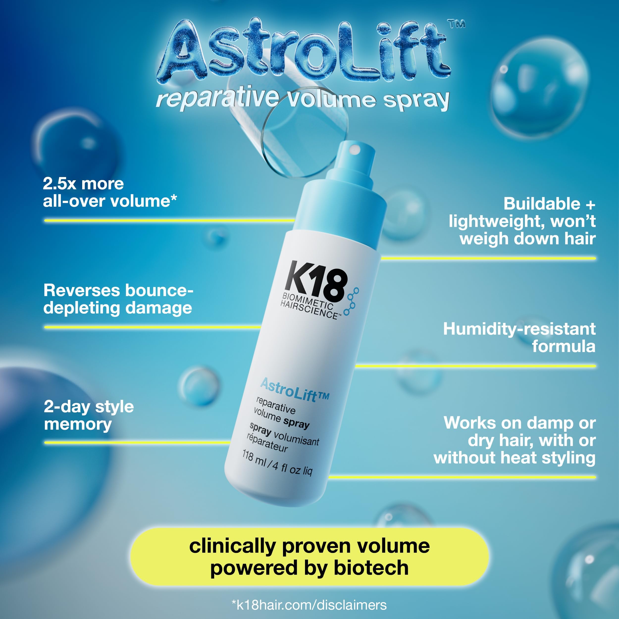 K18 AstroLift, volume cheveux après séchage, racines et longueurs gagnent densité et souplesse
