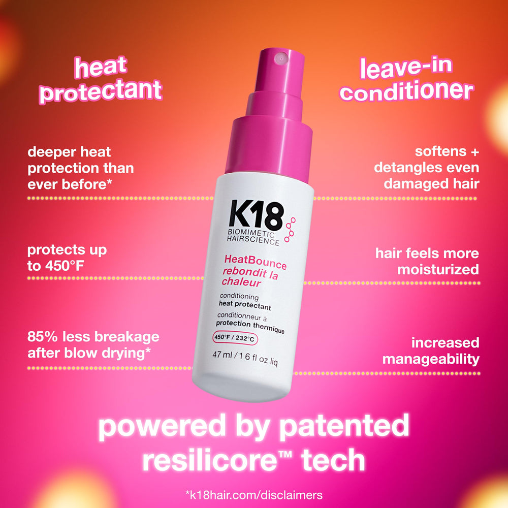 K18 HeatBounce buse du spray montrant l'application précise et le démêlage facilité.