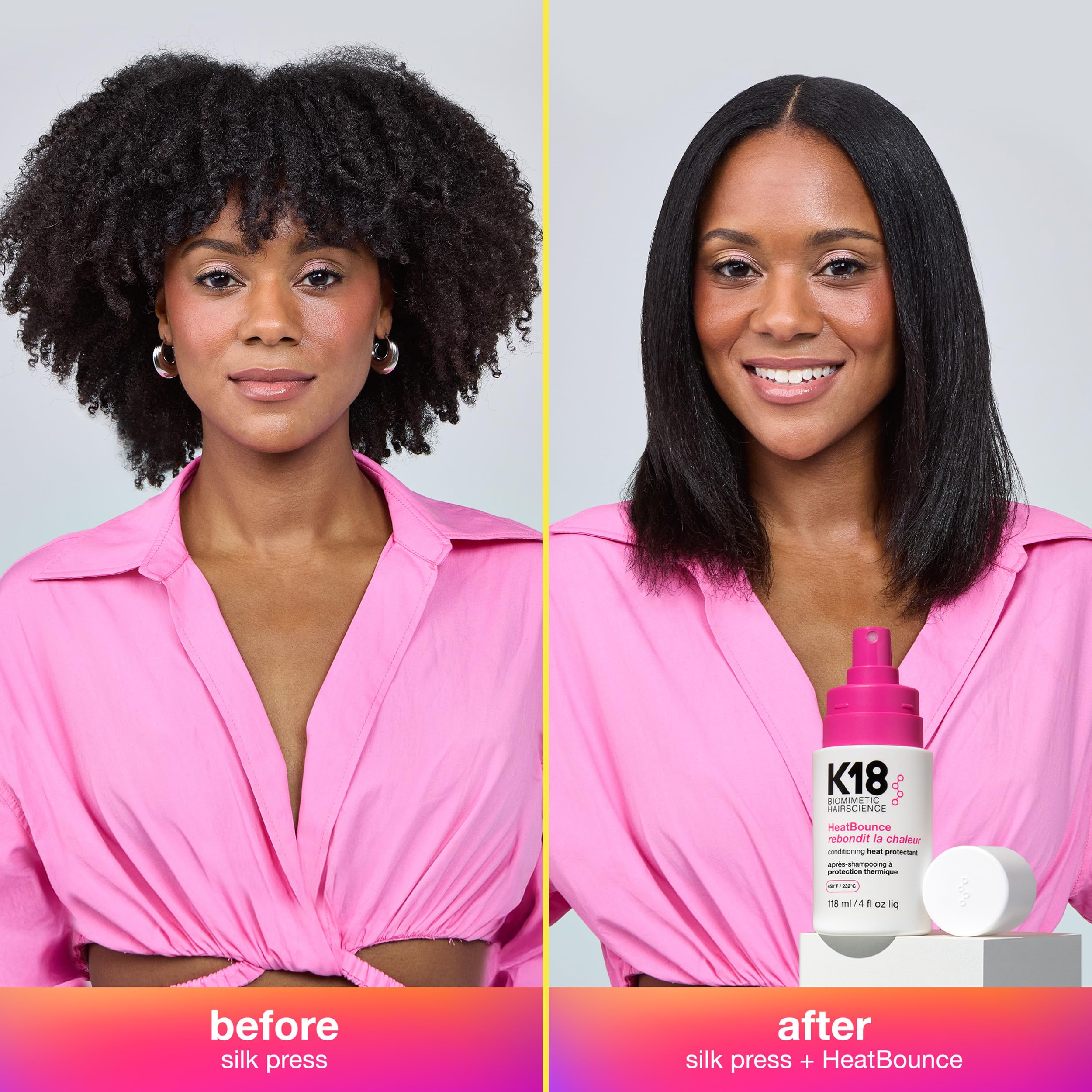 K18 HeatBounce: cheveux lisses et soyeux après brushing, extensions incluses.