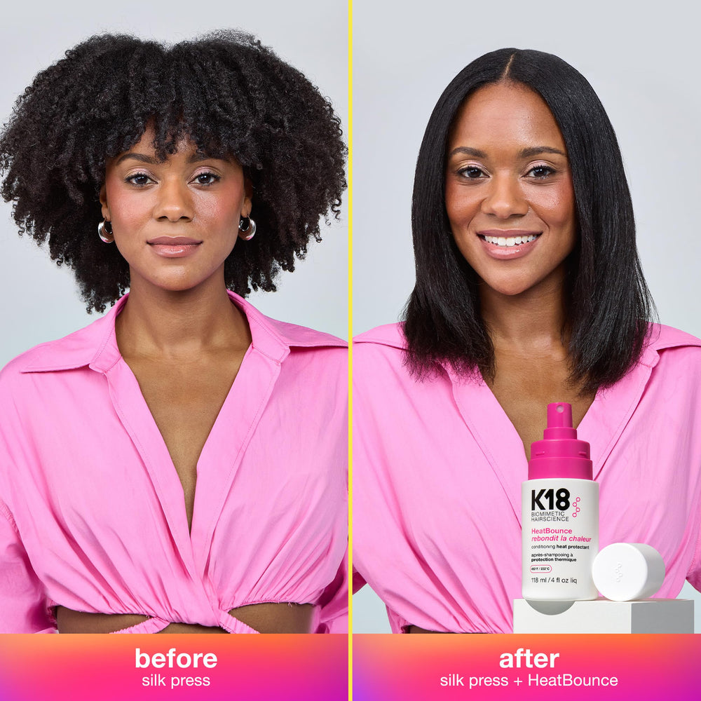 K18 HeatBounce: cheveux lisses et soyeux après brushing, extensions incluses.