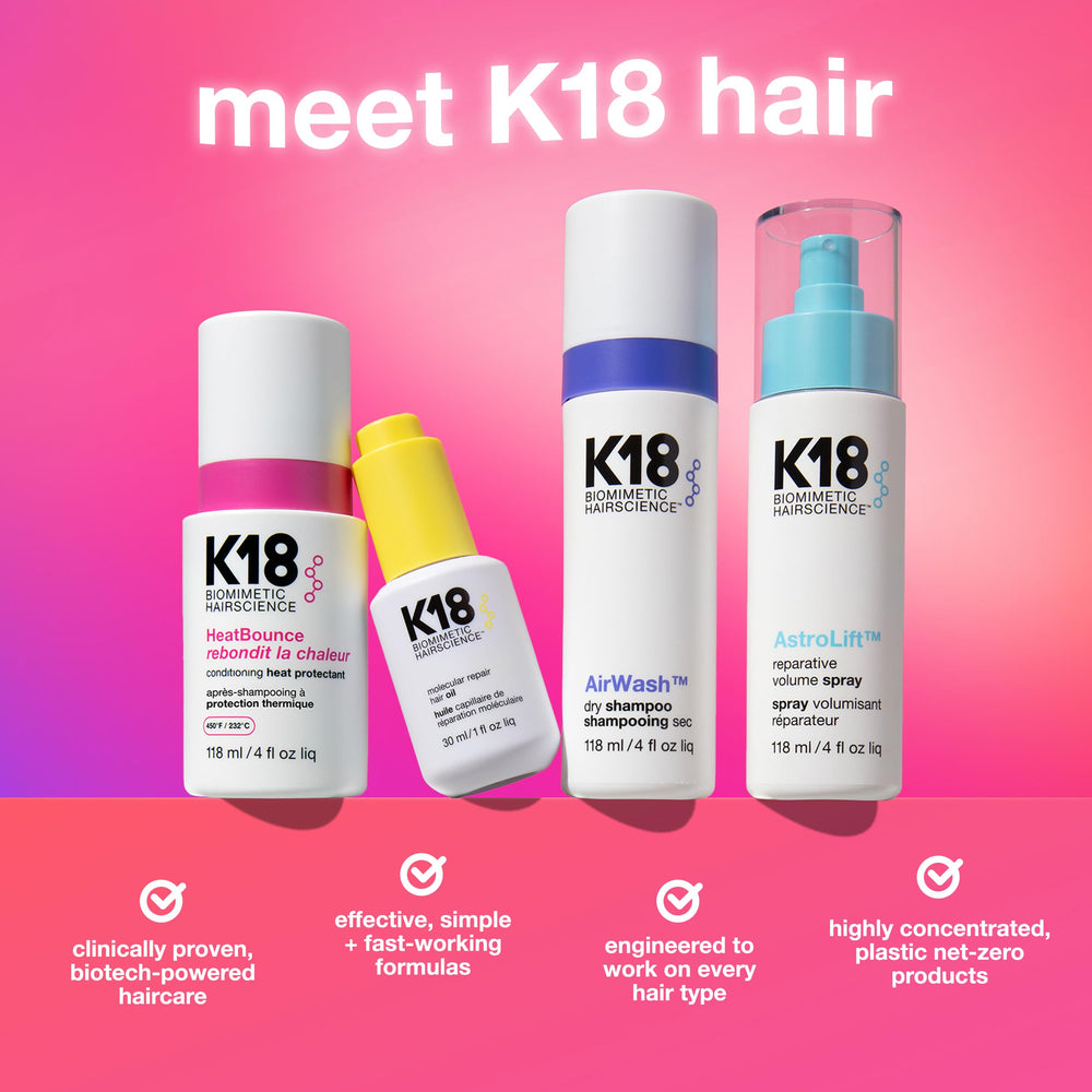 K18 HeatBounce: protection jusqu’à 232 °C pour un coiffage maîtrisé.