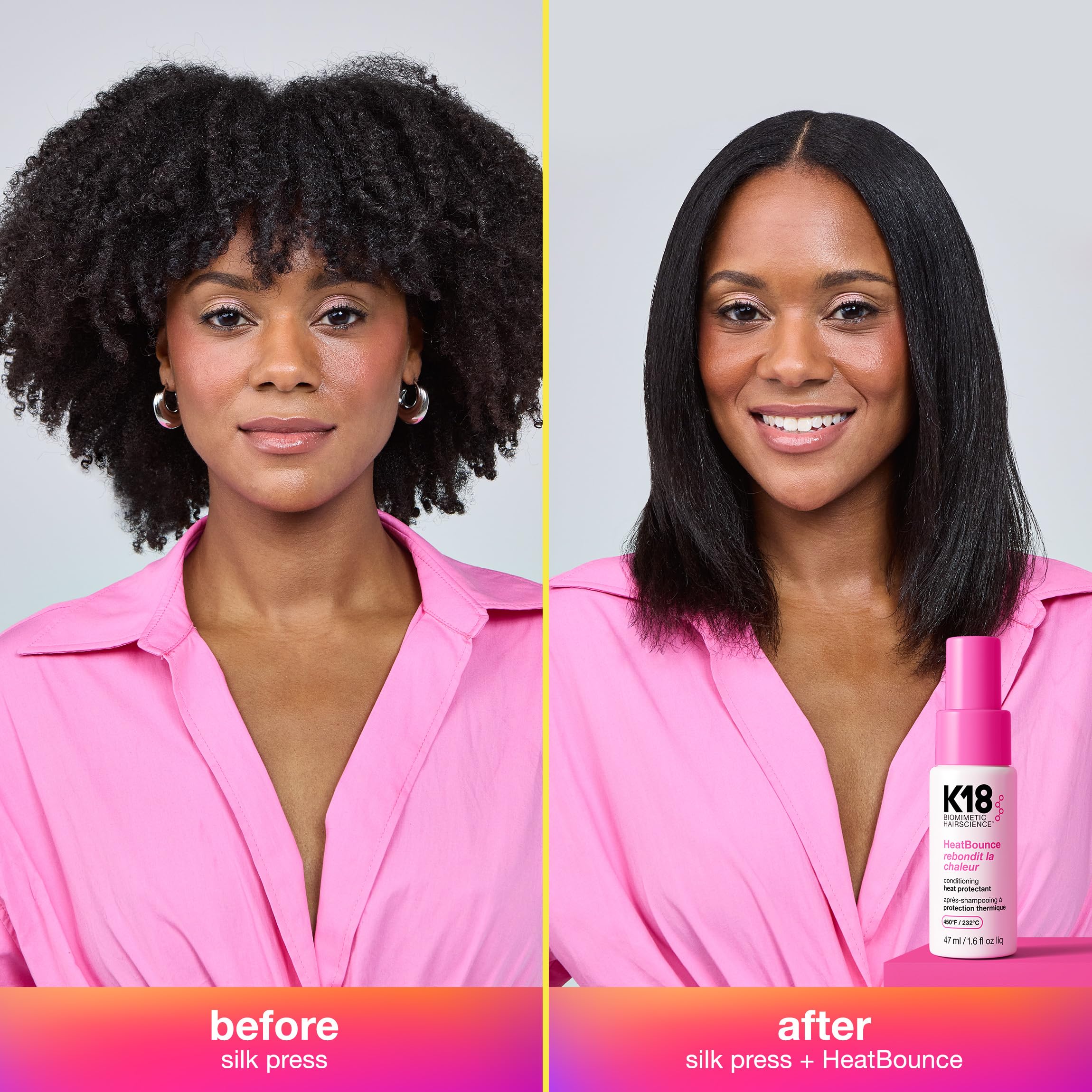 K18 HeatBounce texture cheveux: sérum léger enveloppant les mèches pour plus de douceur.