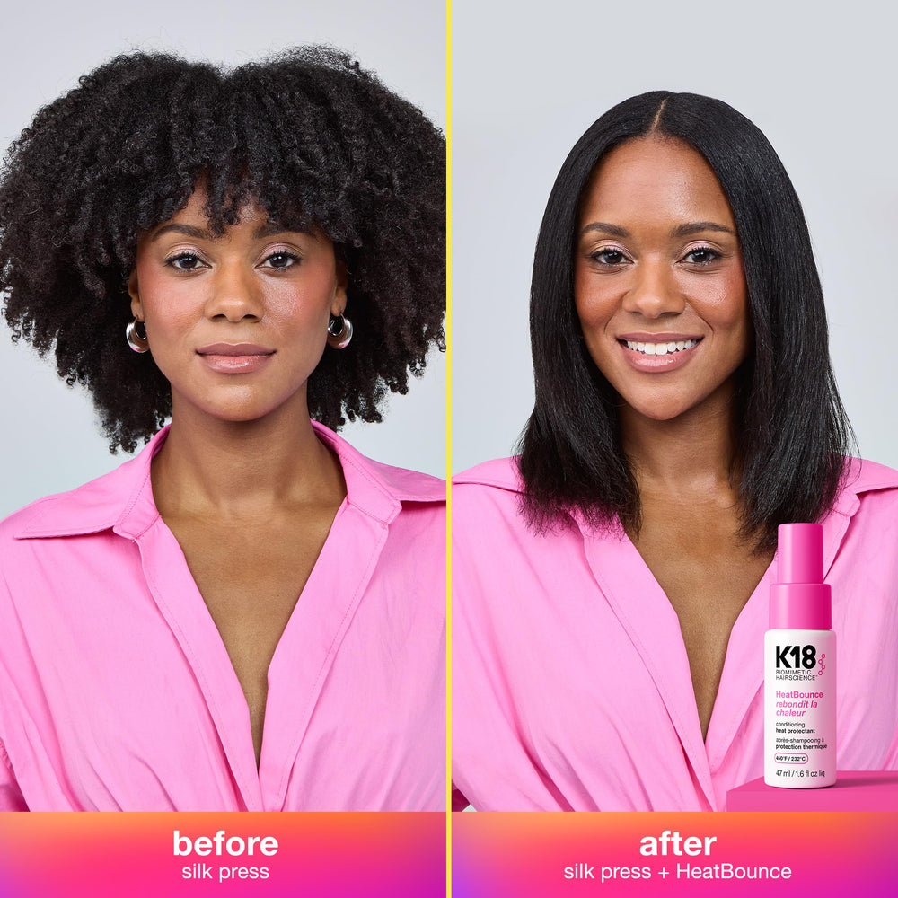 K18 HeatBounce texture cheveux: sérum léger enveloppant les mèches pour plus de douceur.