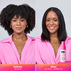 K18 HeatBounce texture cheveux: sérum léger enveloppant les mèches pour plus de douceur.