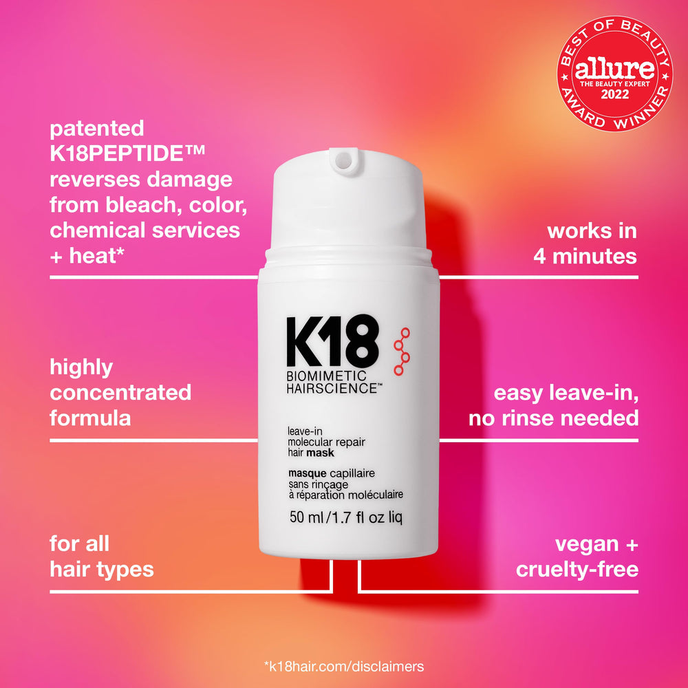 K18 Masque détail – chaînes polypeptidiques qui se reconnectent sur cheveux.