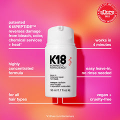K18 Masque détail – chaînes polypeptidiques qui se reconnectent sur cheveux.