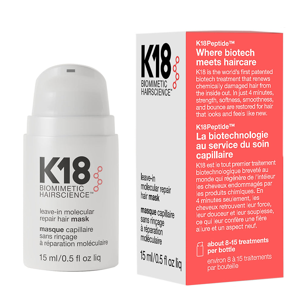 K18 masque: bouteille visible, démarrage du soin réparateur moléculaire.