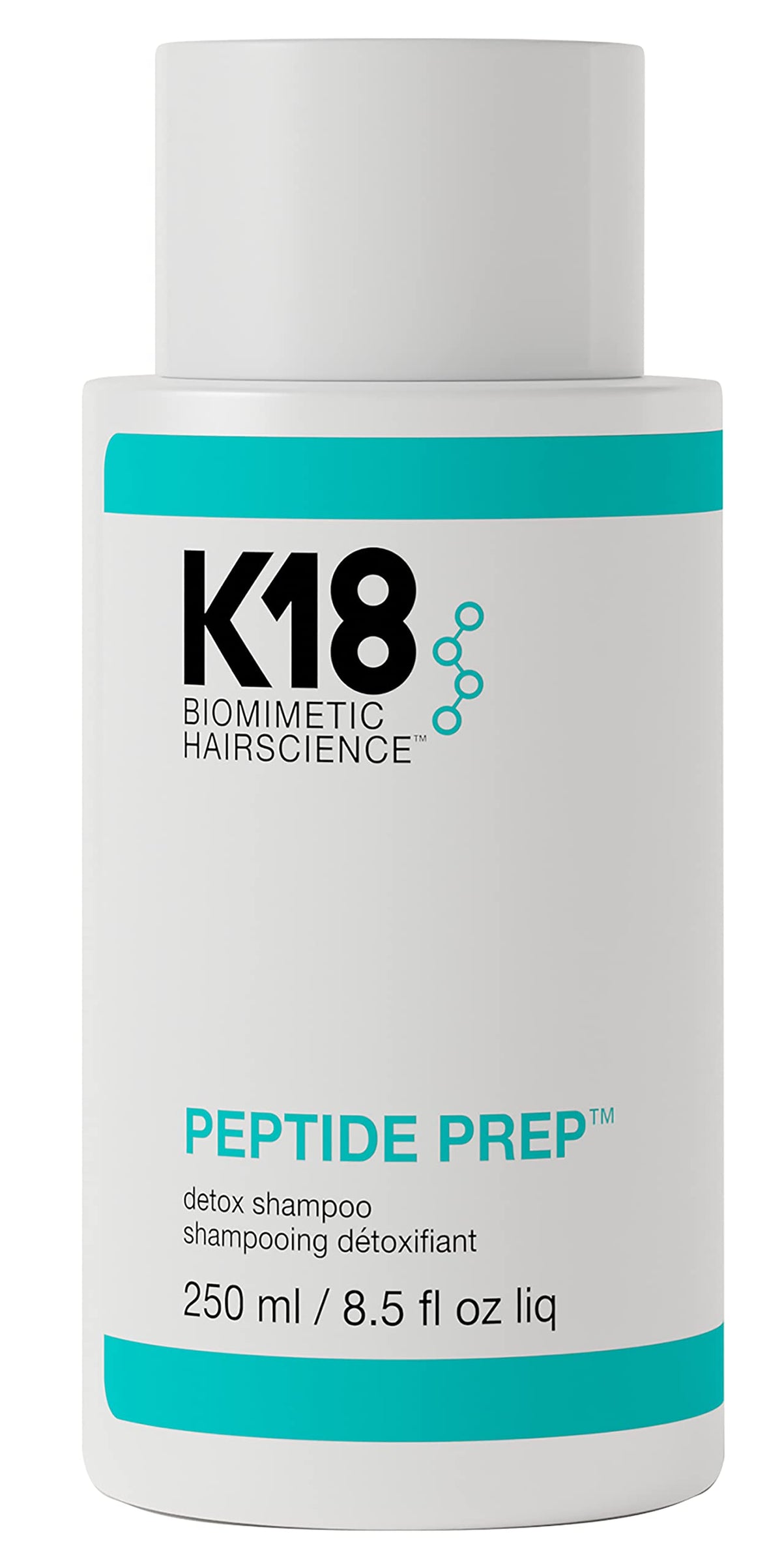 K18 PEPTIDE PREP DETOX Shampoo, bouteille: nettoyage en douceur des résidus pour cheveux plus frais.