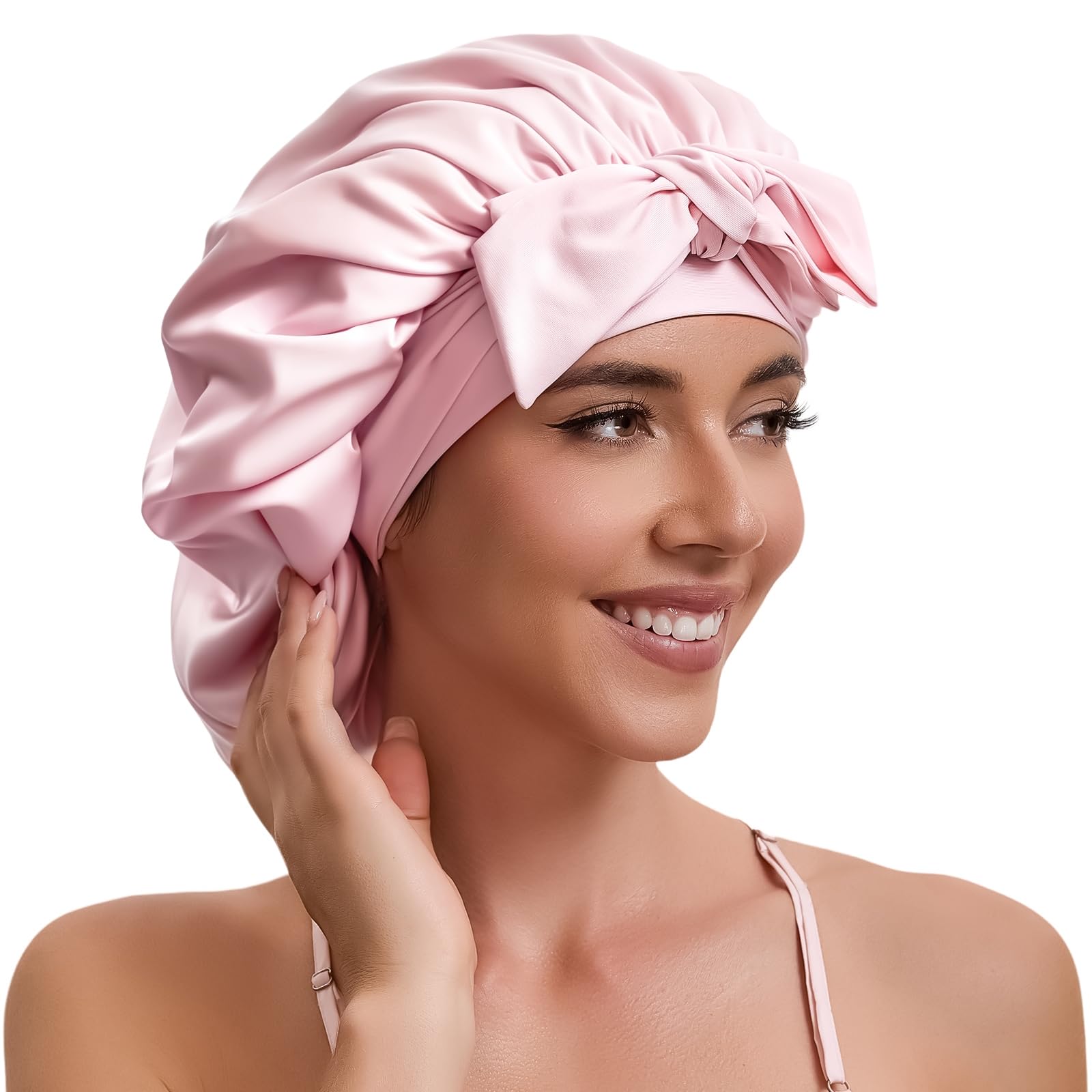 Bonnet KAAHYNNO nuit satin charmeuse rose pour protéger les cheveux pendant le sommeil.