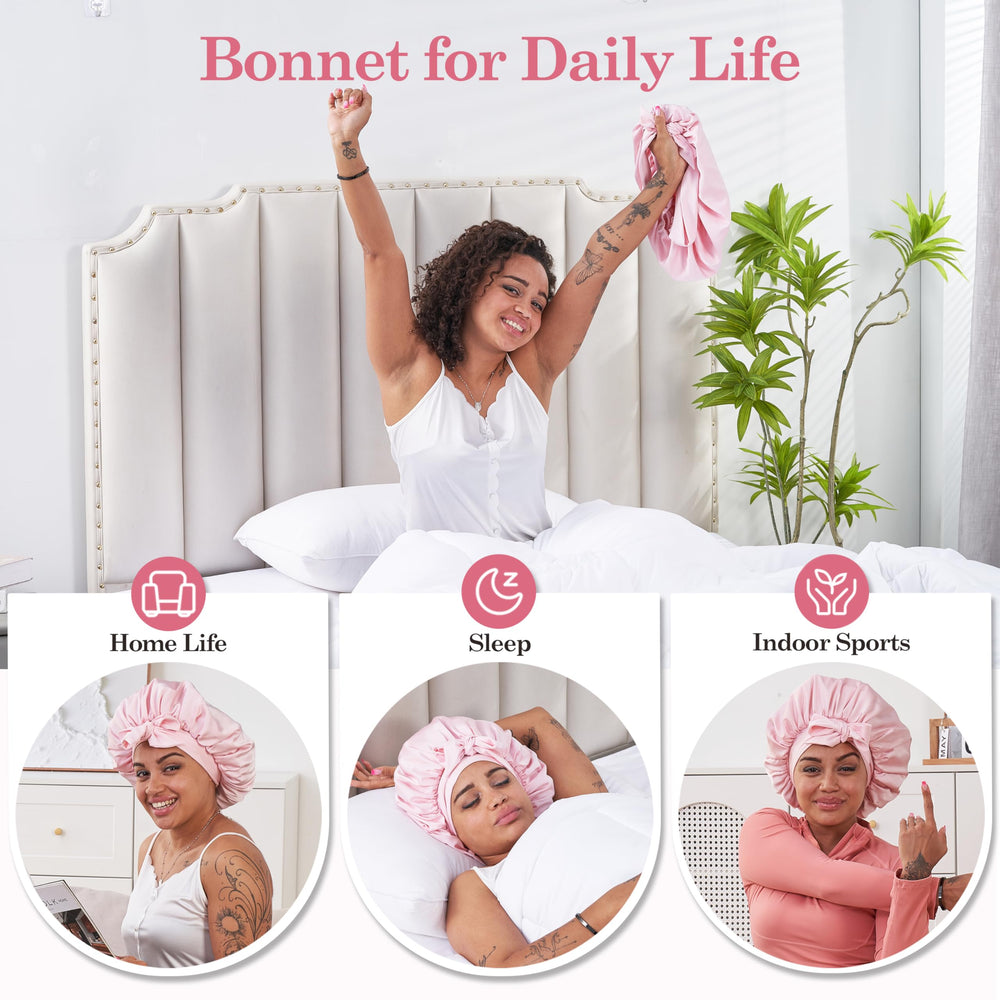 Bonnet KAAHYNNO satin charmeuse protège les cheveux et retient l’hydratation.