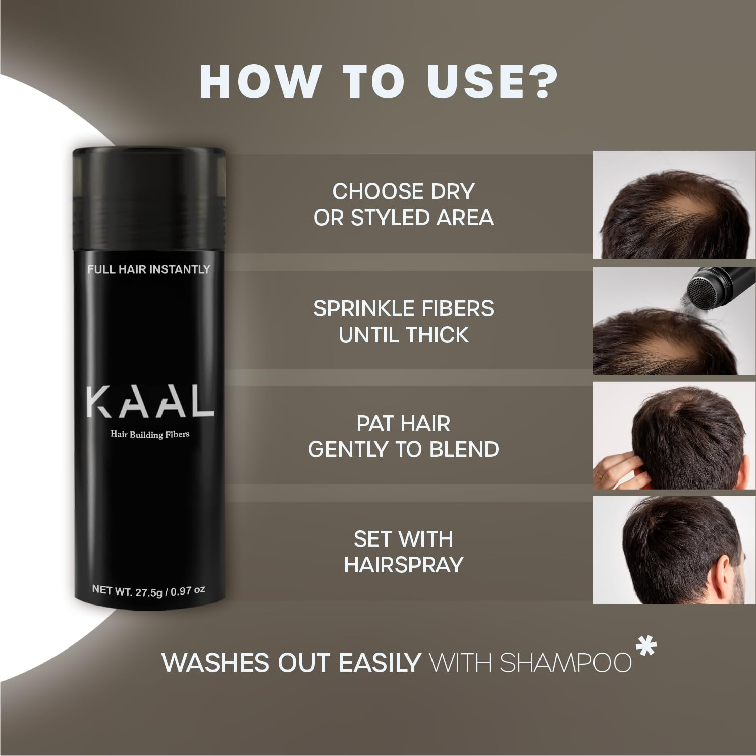 KAAL fibres capillaires, teinte brun foncé pour une intégration naturelle.