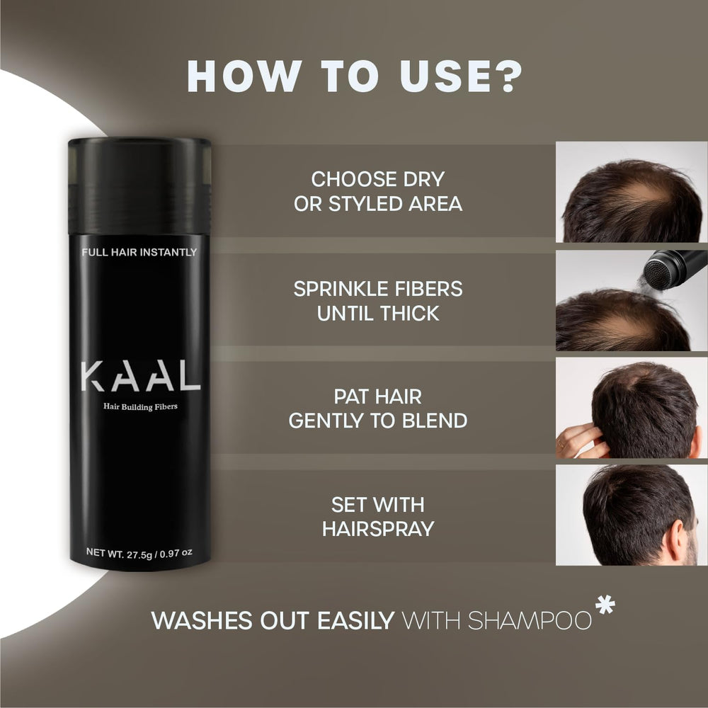 KAAL fibres capillaires, teinte brun foncé pour une intégration naturelle.