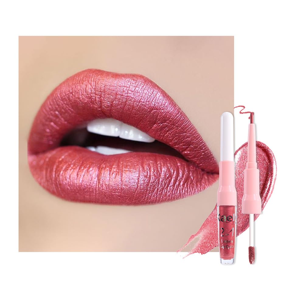 Kaely 2 en 1 rouge métallique mauve avec embout double pour tracé précis des lèvres.