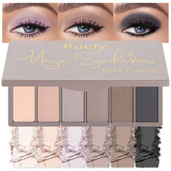 Palette Kaely ombres mini nude fumé ouverte, résultat léger et portable.