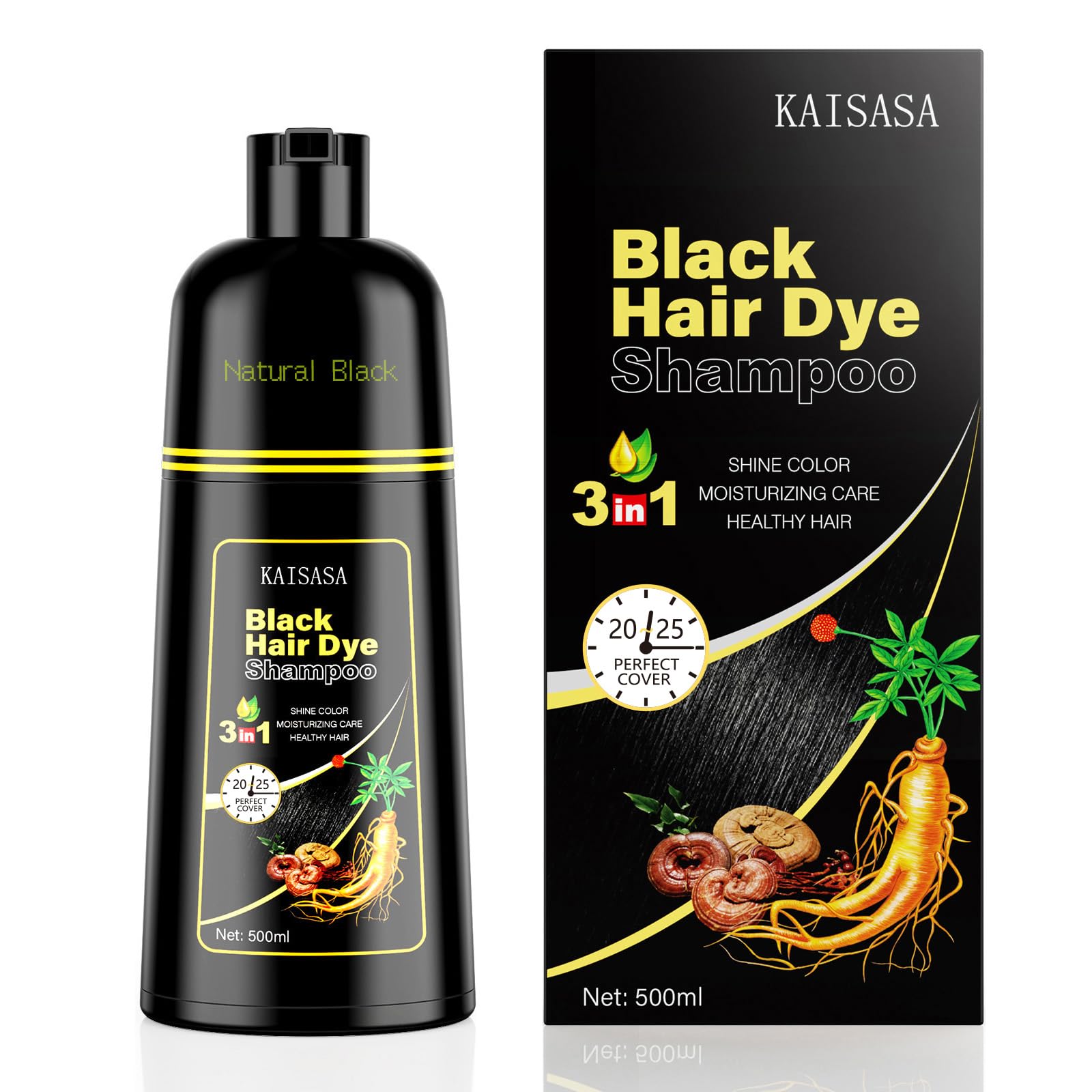 KAISASA Shampoing colorant noir appliqué pour couvrir les cheveux gris durablement.