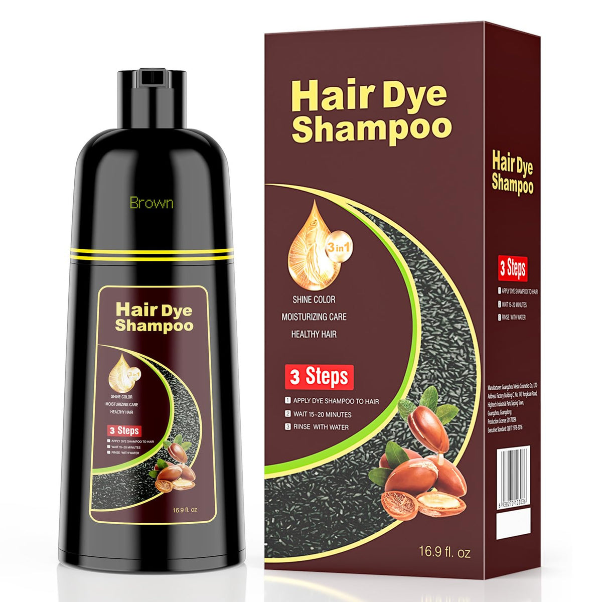 KAISASA shampooing-teinture brun, flacon visible, couvre les gris et ravive la couleur.