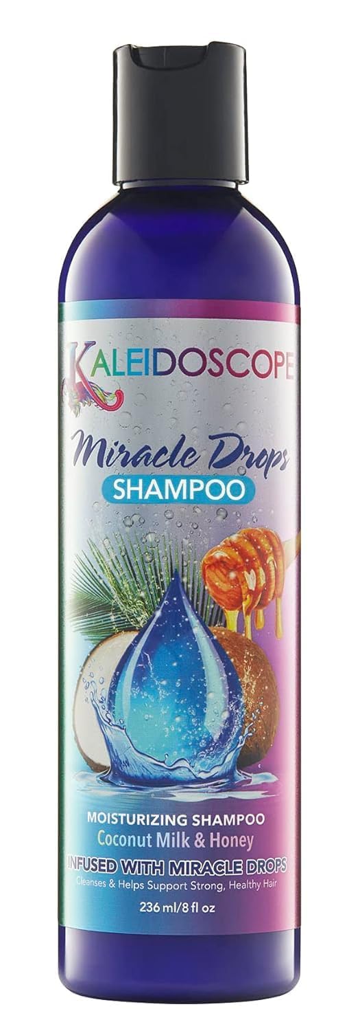 KALEIDOSCOPE MIRACLE DROPS SHAMPOING: bouteille en vedette, hydratation en profondeur pour cheveux soyeux.