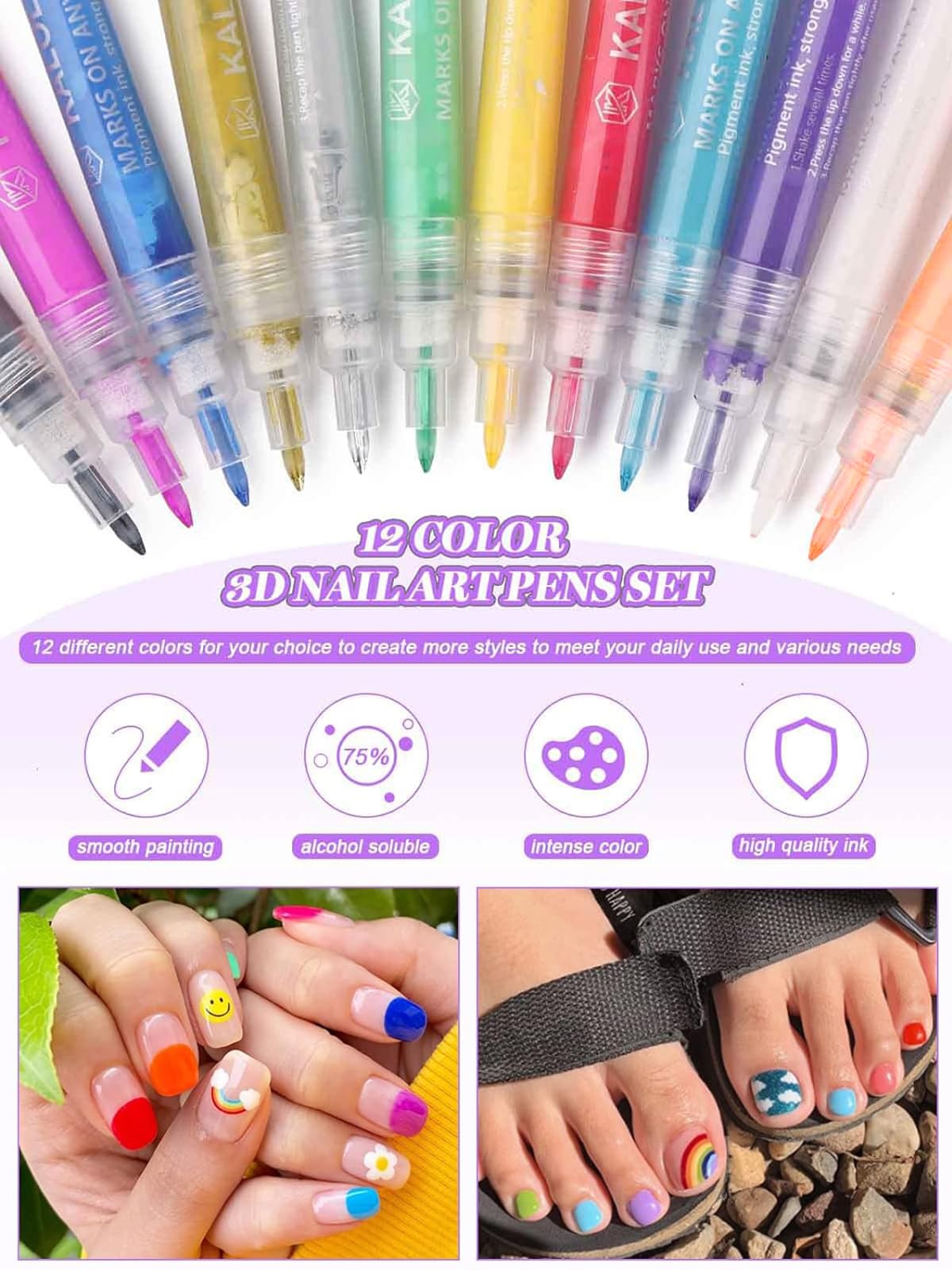 Kalolary stylo dessin ongles lignes fines pour détails nets.