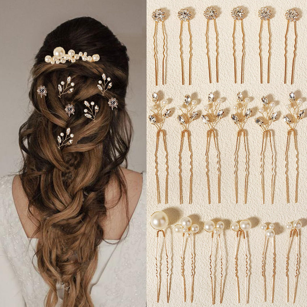 Épingle Kalolia dorée avec perles et cristaux pour mariée élégante