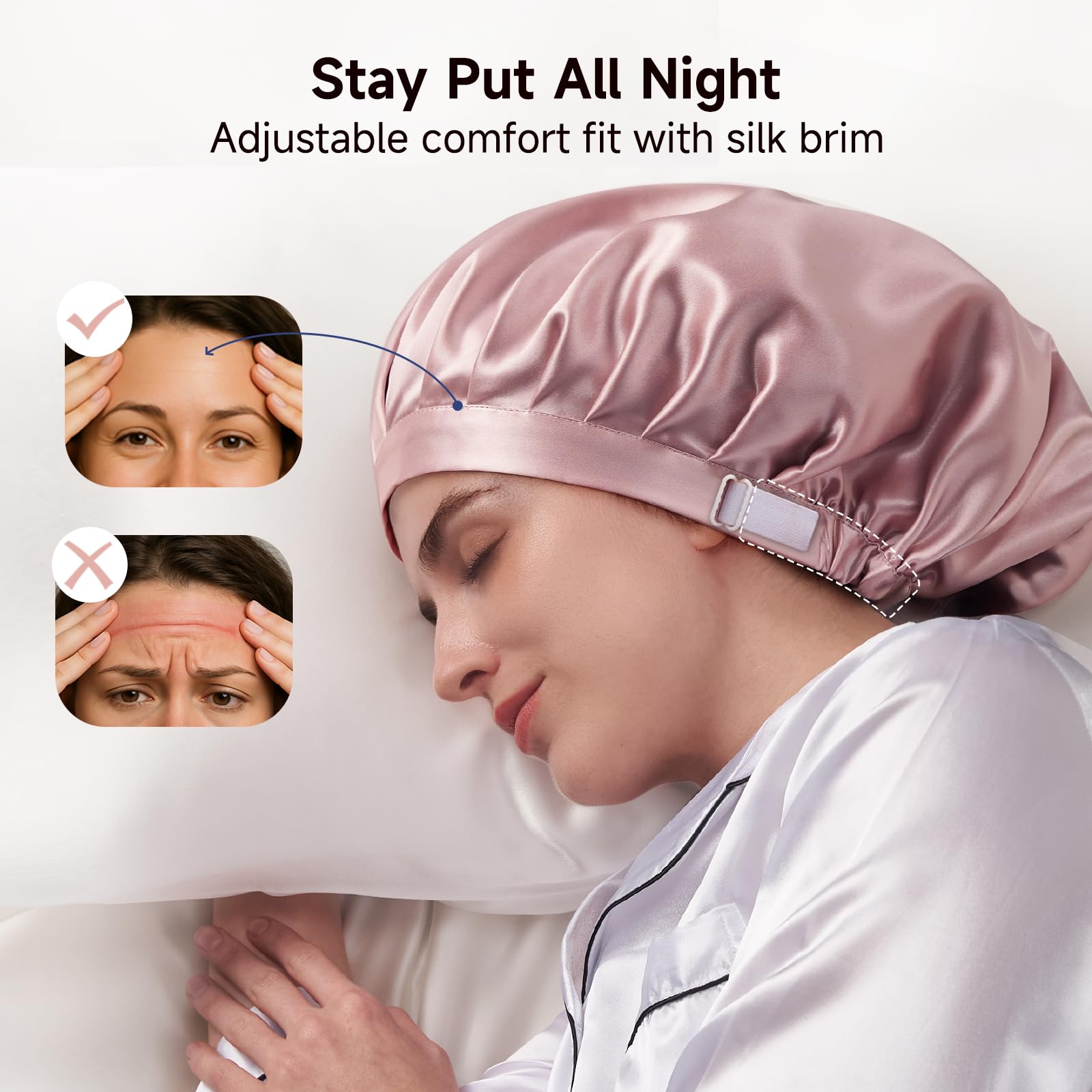 Bonnet Kaome protège les cheveux pendant la nuit grâce à la soie mulberry.