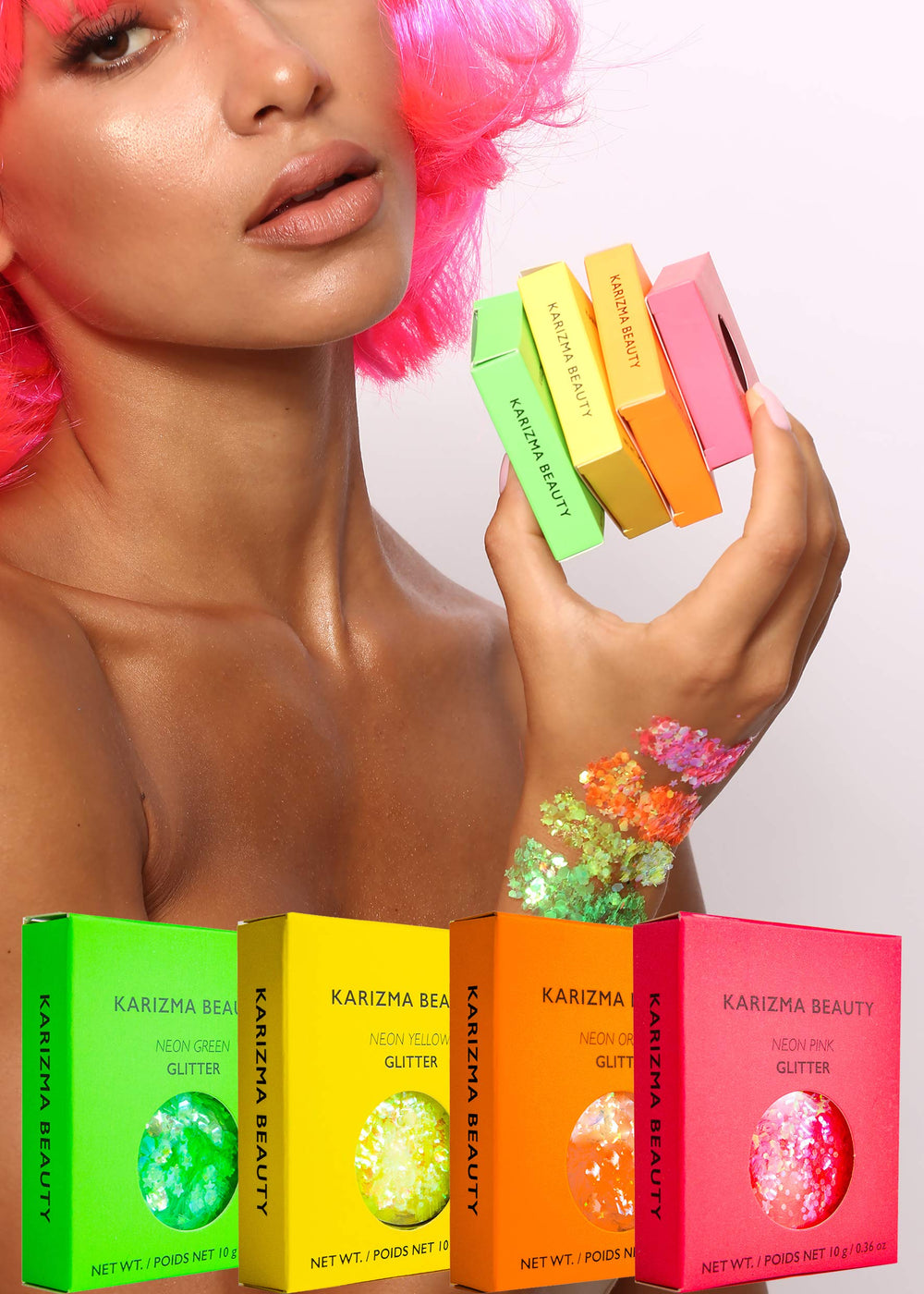 KARIZMA Neon Nights: apparence prête pour festival avec paillettes sur cheveux et peau