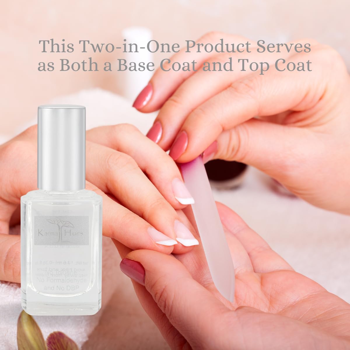 Karma Organic Base et Top 2 en 1, effet lissant et brillance durable.