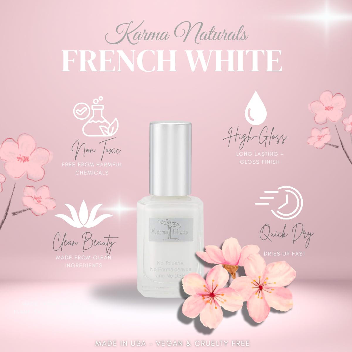 Karma Organic vernis, finition brillante pour un look soigné.