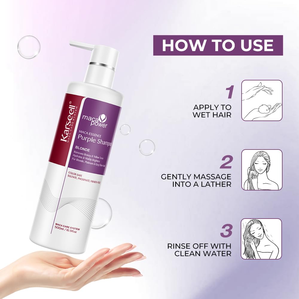 Cheveux blonds et argentés plus lumineux après l’utilisation du shampoing violet.
