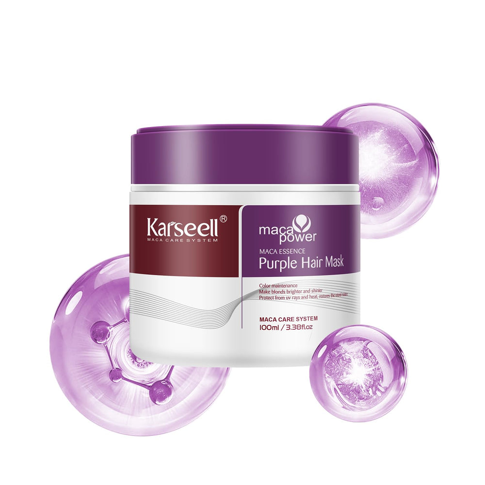 Masque violet Karseell pour cheveux blonds, bouteille de 100 ml, texture riche.